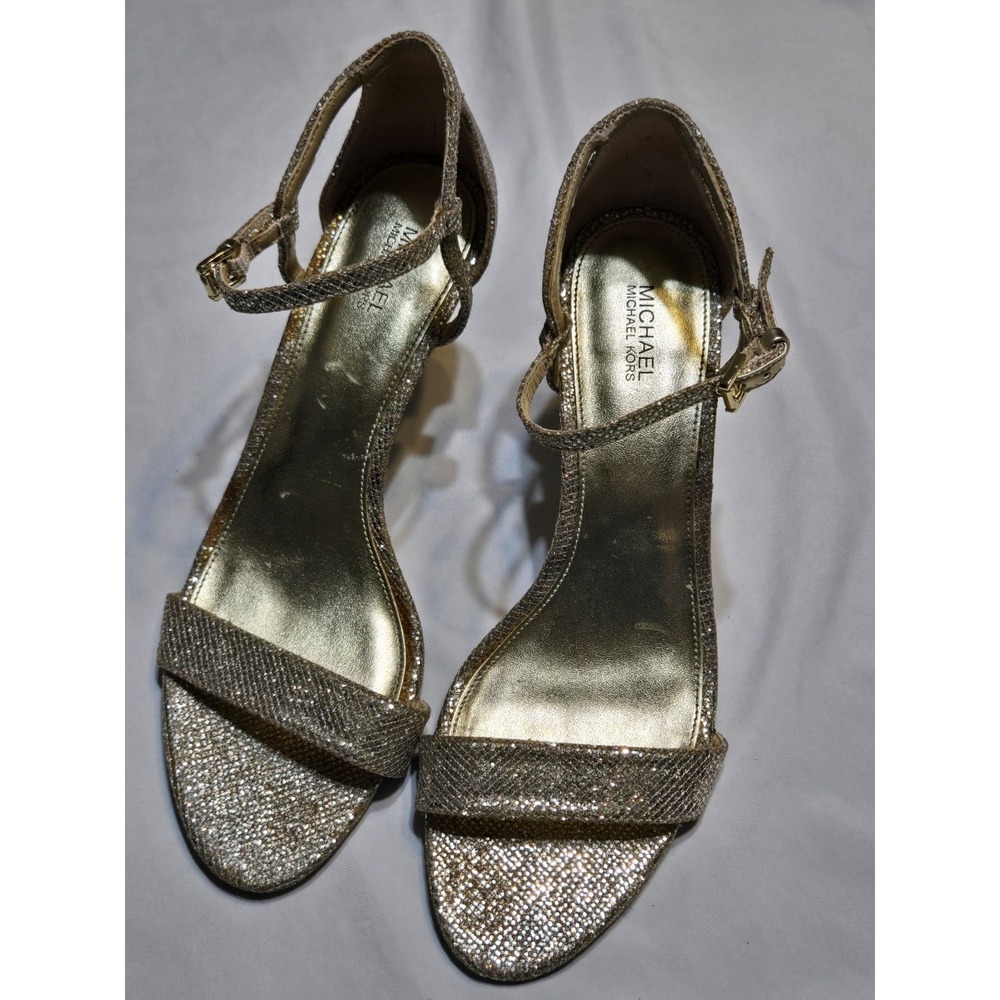 Michael Kors Simone Gold Glitter Mid Sandal Strappy Stiletto 9.5M Homecoming Lux